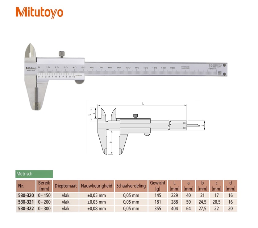 Mitutoyo Schuifmaat, hardmetalen buiten metbekken 0-150mm, 0,05mm, met nonius Metrisch