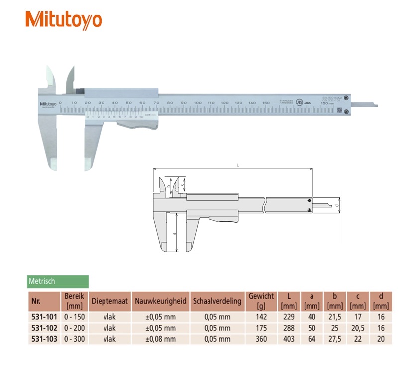 Mitutoyo Schuifmaat met Duimklem 0-150mm, 0,05mm, met nonius Metrisch