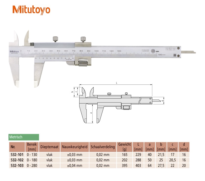 Mitutoyo Schuifmaat met fijnverstelling 0-130mm, 0,02mm, met nonius Metrisch