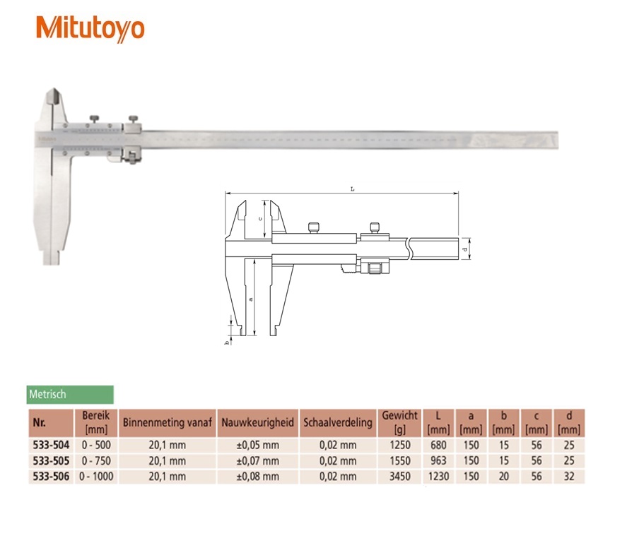 Mitutoyo Schuifmaat met fijnverstelling, standaard bekken 0-500mm, 0,02mm, met nonius Metrisch