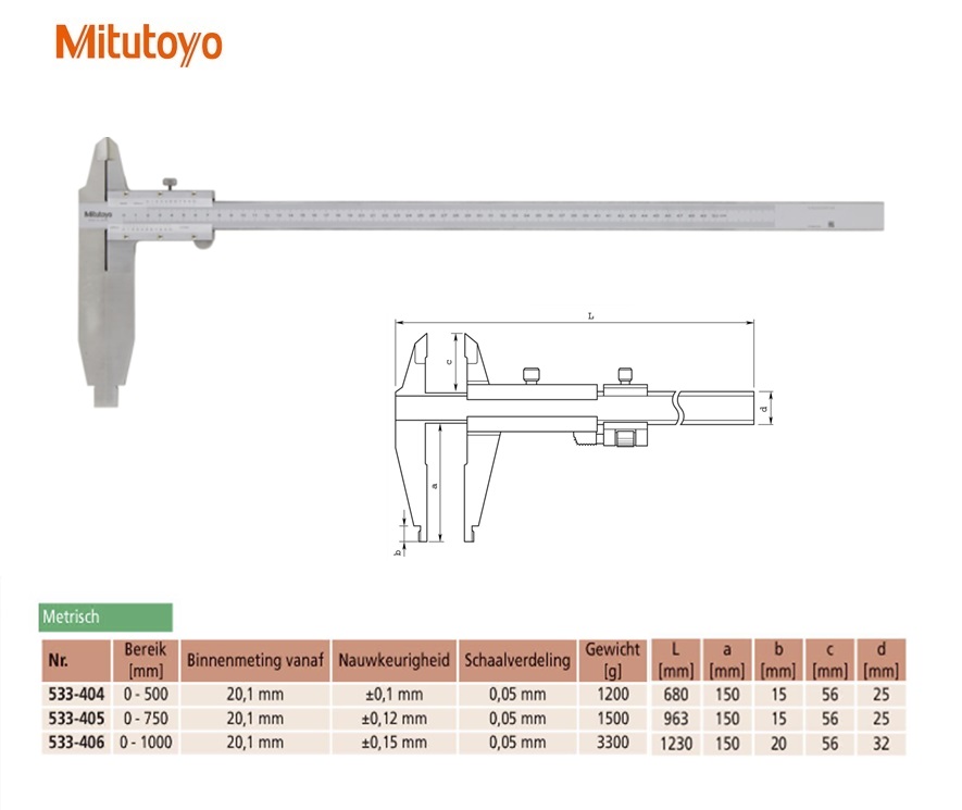 Mitutoyo Schuifmaat, standaard bekken 0-500mm, 0,05mm, met nonius Metrisch