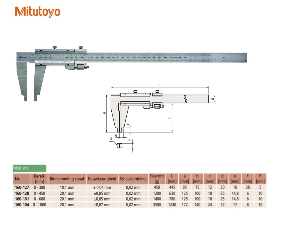 Mitutoyo Schuifmaat met fijnverstelling, afgeronde meetbekken 0-300mm, 0,02mm, Metrisch