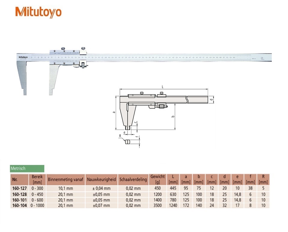 Mitutoyo Schuifmaat met fijnverstelling, afgeronde meetbekken 0-600mm, 0,02mm, Metrisch