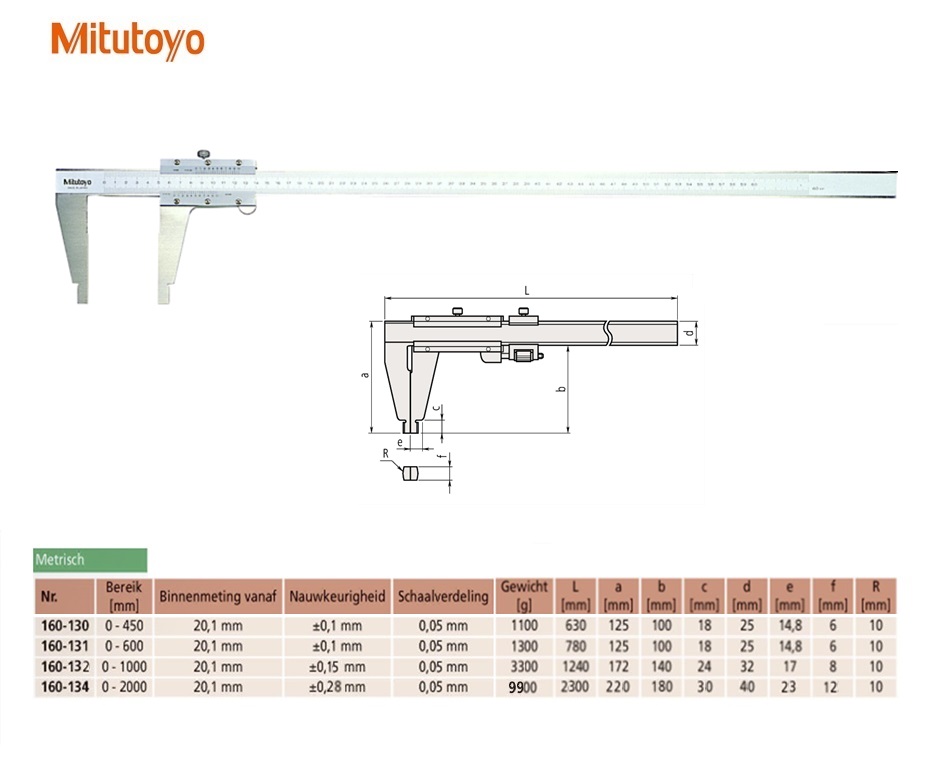 Mitutoyo Schuifmaat met afgeronde meetbekken 0-450mm, 0,05mm,met nonius Metrisch