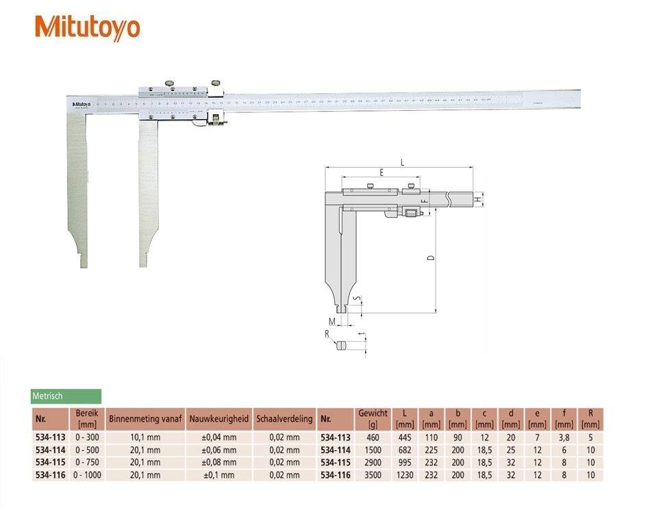 Mitutoyo Schuifmaat met fijnverstelling, lange meetbekken 0-300mm, 0,02mm, met nonius Metrisch