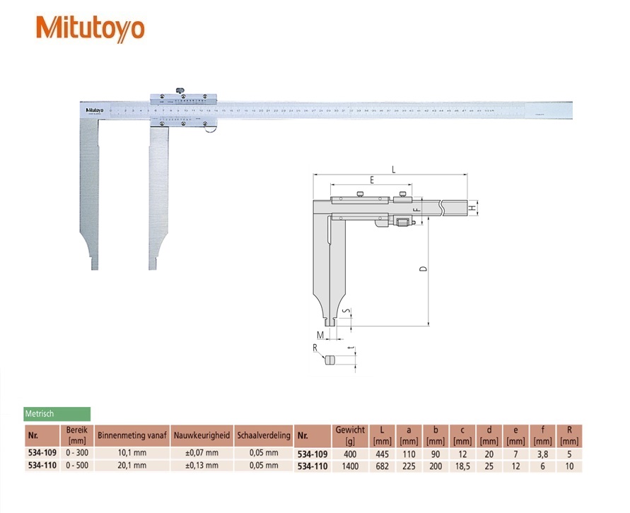 Mitutoyo Schuifmaat met lange meetbekken 0-300mm, 0,05mm, met nonius Metrisch