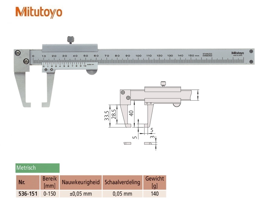 Mitutoyo Schuifmaat met nonius en naar binnengerichte meetbekken 0-150mm, 0,05mm, Metrisch