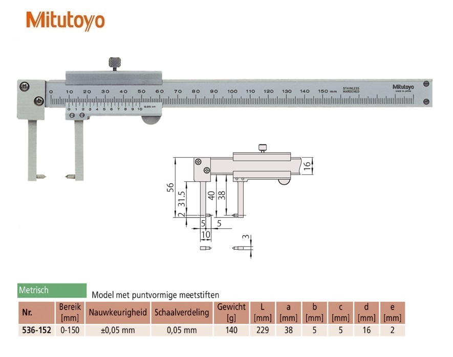 Mitutoyo Schuifmaat met nonius en naar binnengerichte puntvormige meetbekken 0-150mm, 0,05mm, Metric