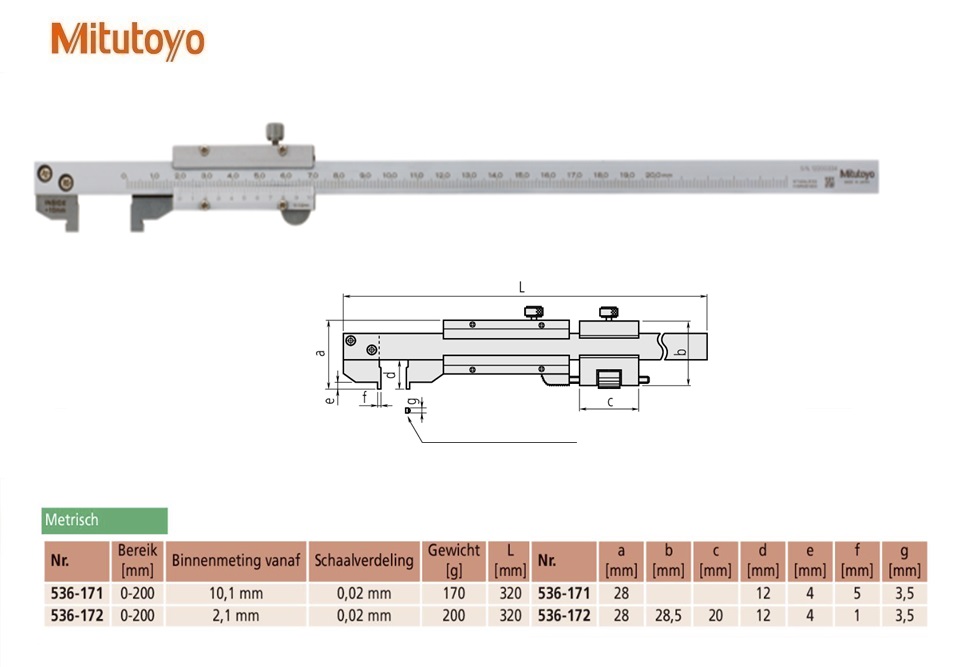 Mitutoyo Schuifmaat met naar buitengerichte bekken nonius 0-200mm, 0,02mm, Metrisch