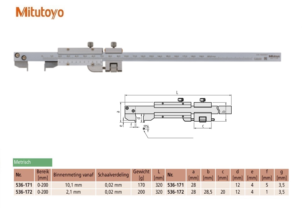 Mitutoyo Schuifmaat met naar buitengerichte bekken, met fijnverstelling 0-200mm, 0,02mm, Metrisch