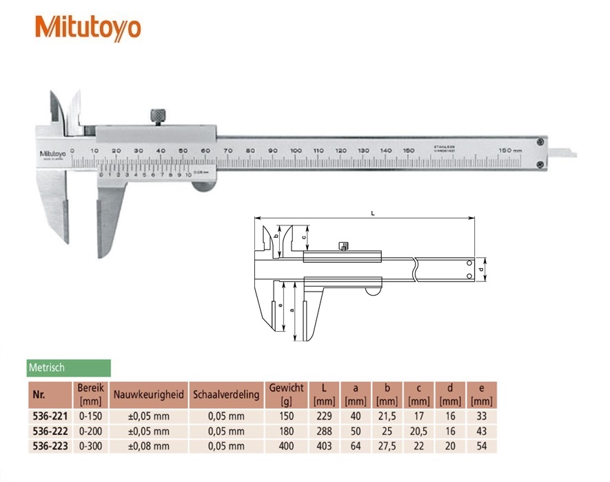 Mitutoyo Afschrijfschuifmaat met hardmetalen meetbekken 0-150mm, 0,05mm, Metrisch