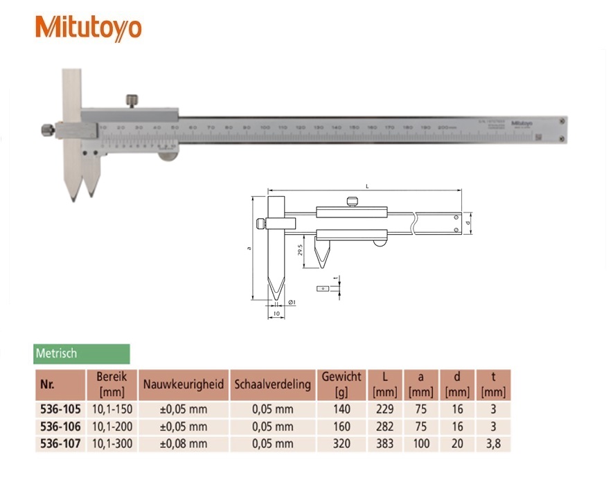 Mitutoyo Schuifmaat voor hartafstandmetingen 10-150mm, 0,05mm, Metrisch