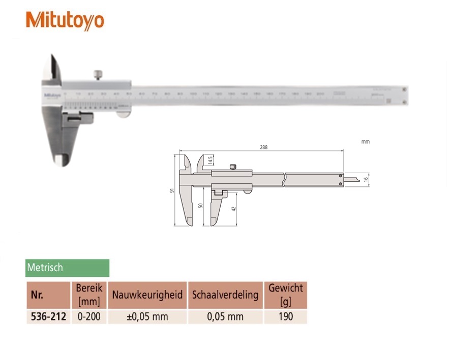 Mitutoyo Schuifmaat met draaibare meetbek 0-200mm, 0,05mm, Metrisch