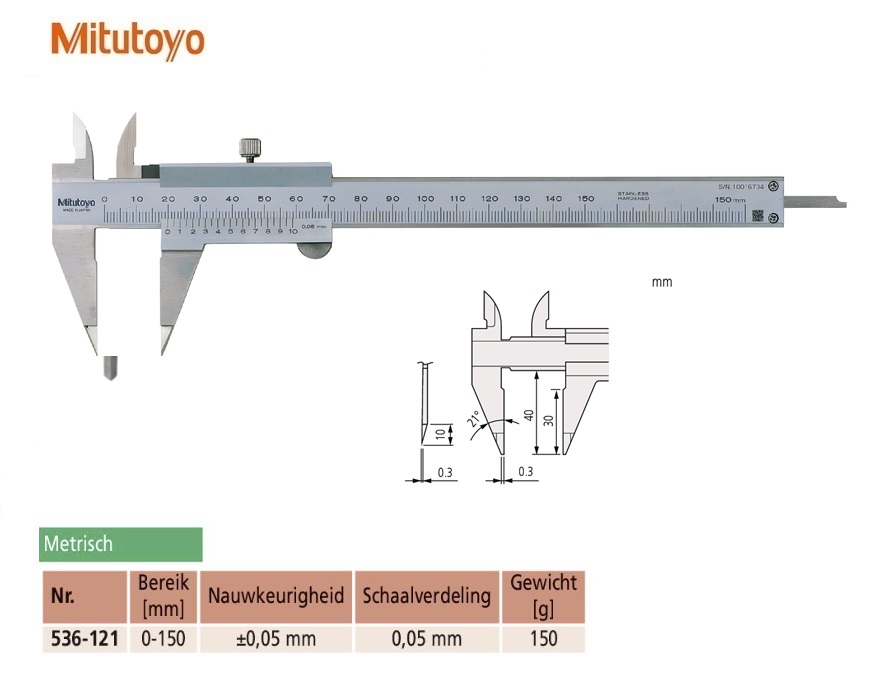 Mitutoyo Schuifmaat met puntige meetbekken 0-150mm, 0,05mm, Metrisch