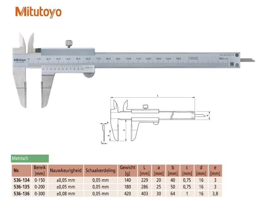 Mitutoyo Schuifmaat met mesvormige meetbekken 0-150mm, 0,05mm, Metrisch