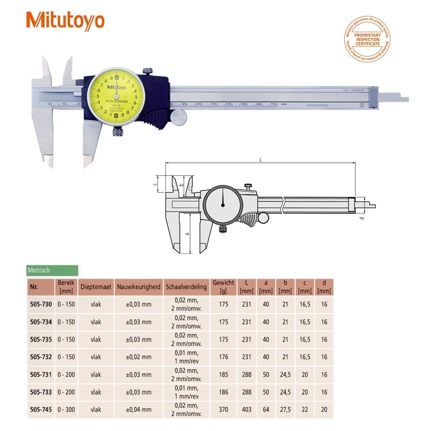 Mitutoyo KlokSchuifmaat 0-150mm, 0,02mm, 2mm/rev, Metrisch