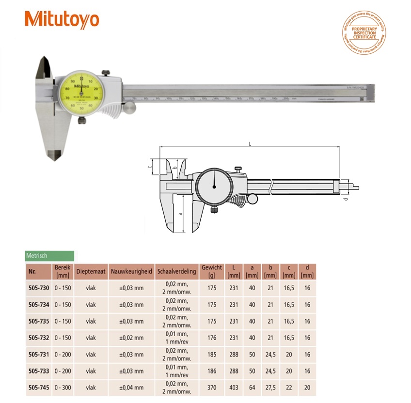 Mitutoyo KlokSchuifmaat 0-200mm, 0,01mm, 1mm/rev, Metrisch