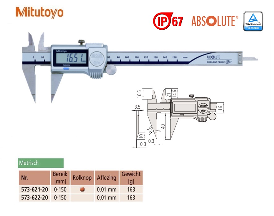 Mitutoyo Digitale Schuifmaat met puntige meetbekken, rolknop 0-150mm, Metrisch