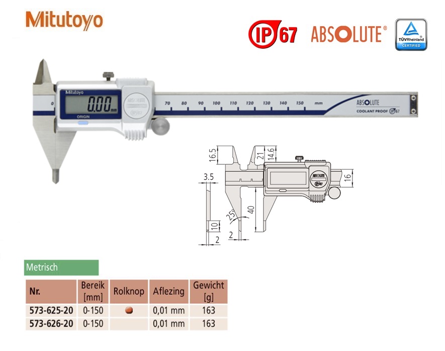 Mitutoyo Digitale Schuifmaat voor hartafstandmetingen, rolknop 10,1-160mm, 0,01mm, Metrisch | DKMTools - DKM Tools