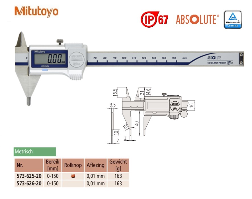 Mitutoyo Digitale Schuifmaat met puntige en fijne meetbekken 0-150mm, Metrisch