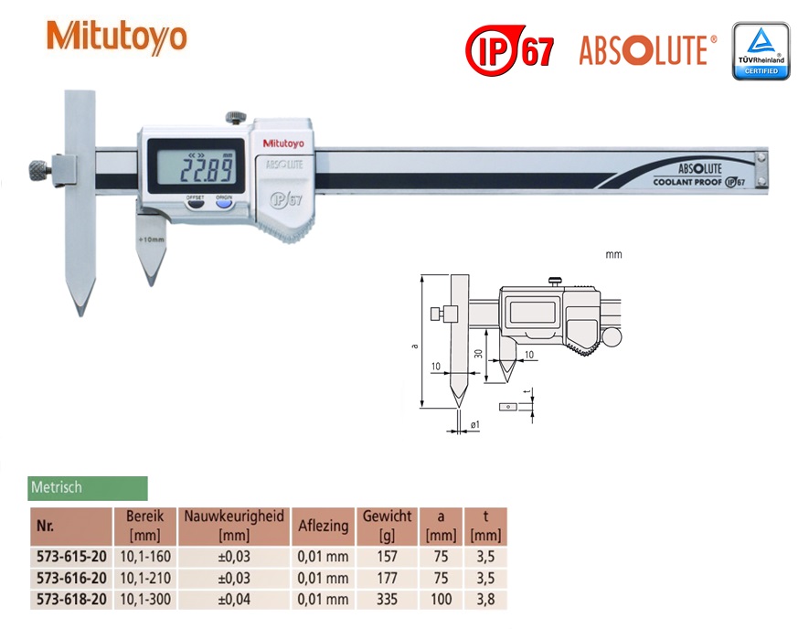 Mitutoyo Digitale Schuifmaat voor hartafstandmetingen 10,1-160mm, 0,01 mm, Metrisch