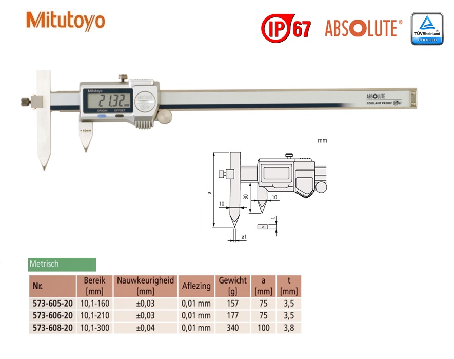 Mitutoyo Digitale Schuifmaat voor hartafstandmetingen, rolknop 10,1-160mm, 0,01mm, Metrisch