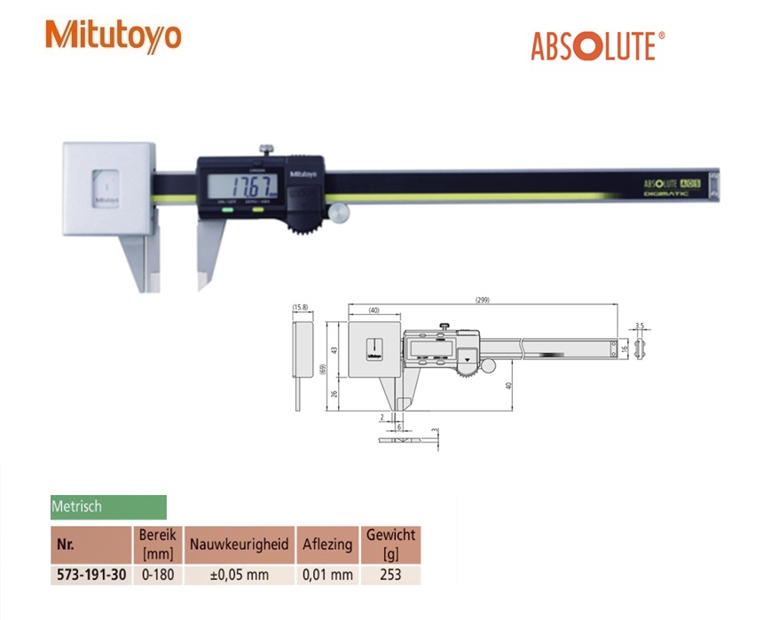 Mitutoyo Absolute Digimatic Schuifmaat met afgeronde bekken, IP67, 0-200mm, Metrisch | DKMTools - DKM Tools
