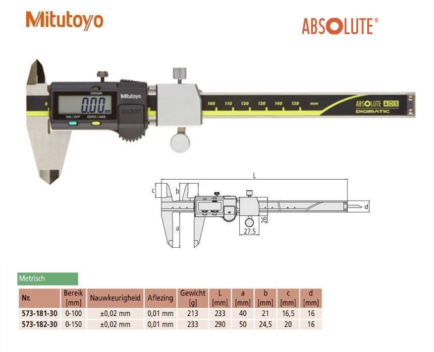 Mitutoyo Absolute Digimatic schuifmaat met rolknop, zonder Output, IP67 0-300mm, Metrisch | DKMTools - DKM Tools
