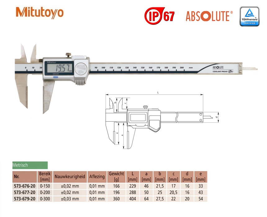 Mitutoyo Digitale Afschrijfschuifmaat met hardmetalen meetbekken 0-150mm, 0,01mm, Metrisch