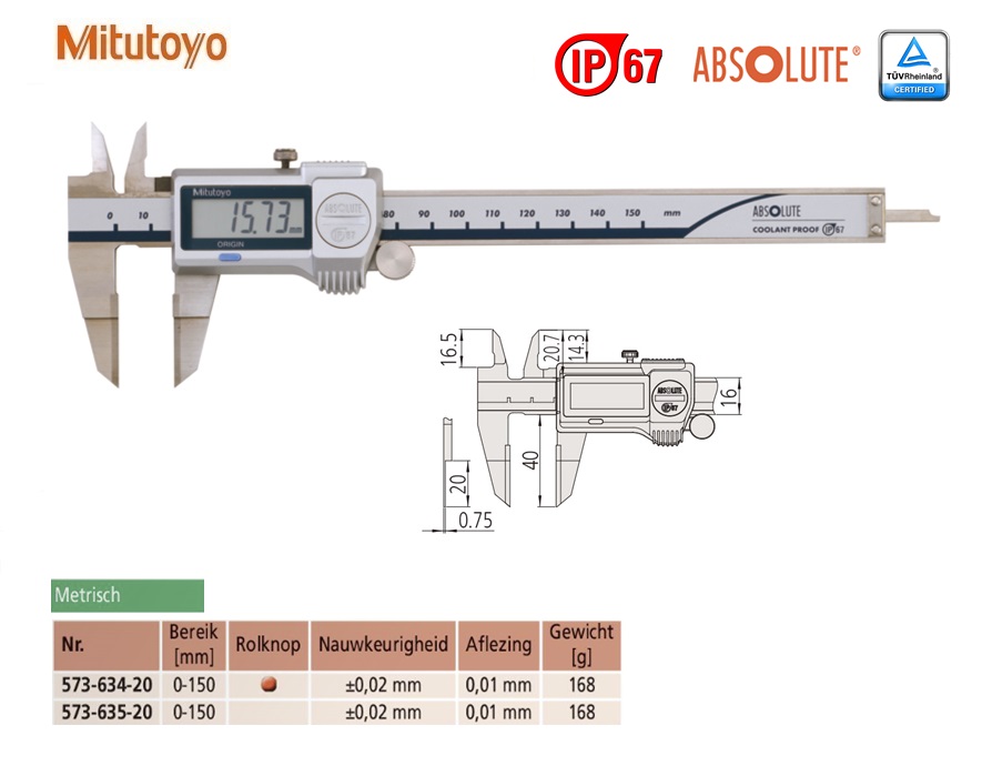 Mitutoyo Digitale Schuifmaat met mesvormige bekken, rolknop 0-150mm 0,01mm, Metrisch