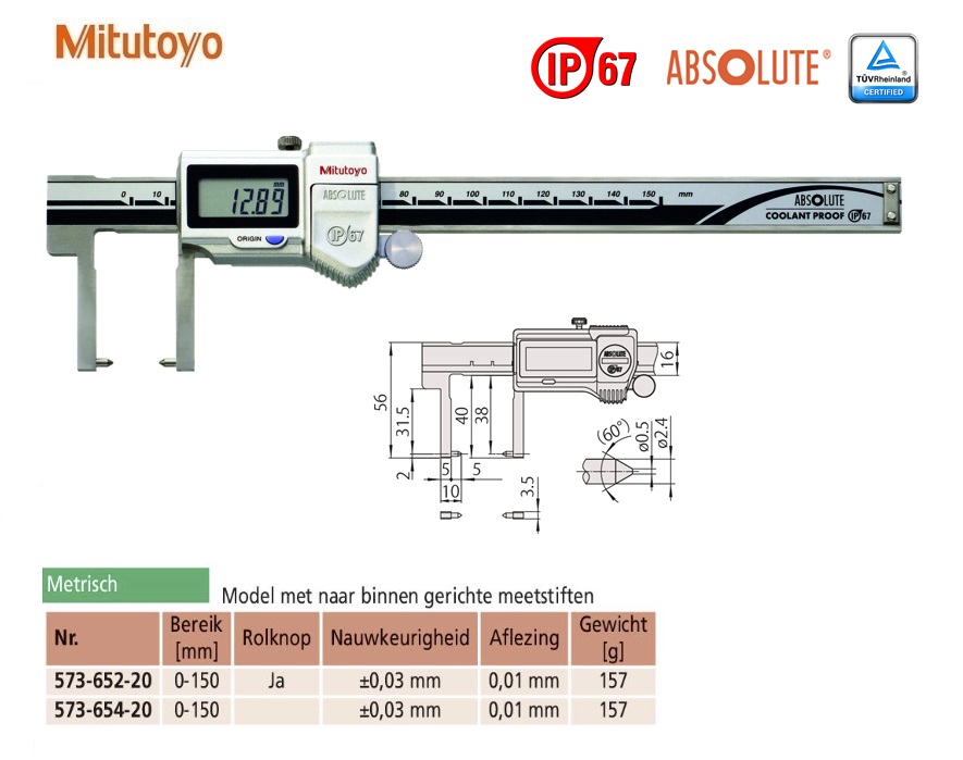 Mitutoyo Absolute Digimatic schuifmaat met naar binnengerichte bekken, rolknop, 0-150mm 0,01mm