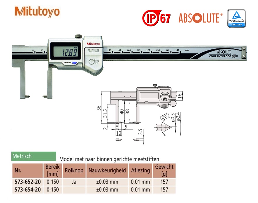 Mitutoyo Absolute Digimatic schuifmaat met naar binnengerichte bekken, 0-150mm 0,01mm