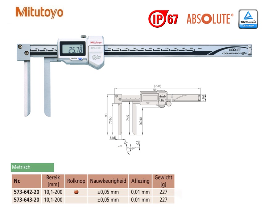 Mitutoyo Digitale Schuifmaat met meskantbekken, 10,1-200mm, 0,01mm, Metrisch