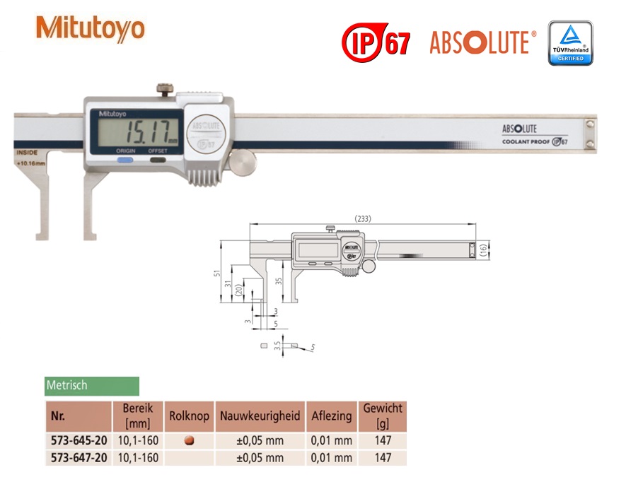 Mitutoyo Absolute Digimatic binnenschuifmaat, rolknop 10,1-160mm, 0,01mm, Metrisch