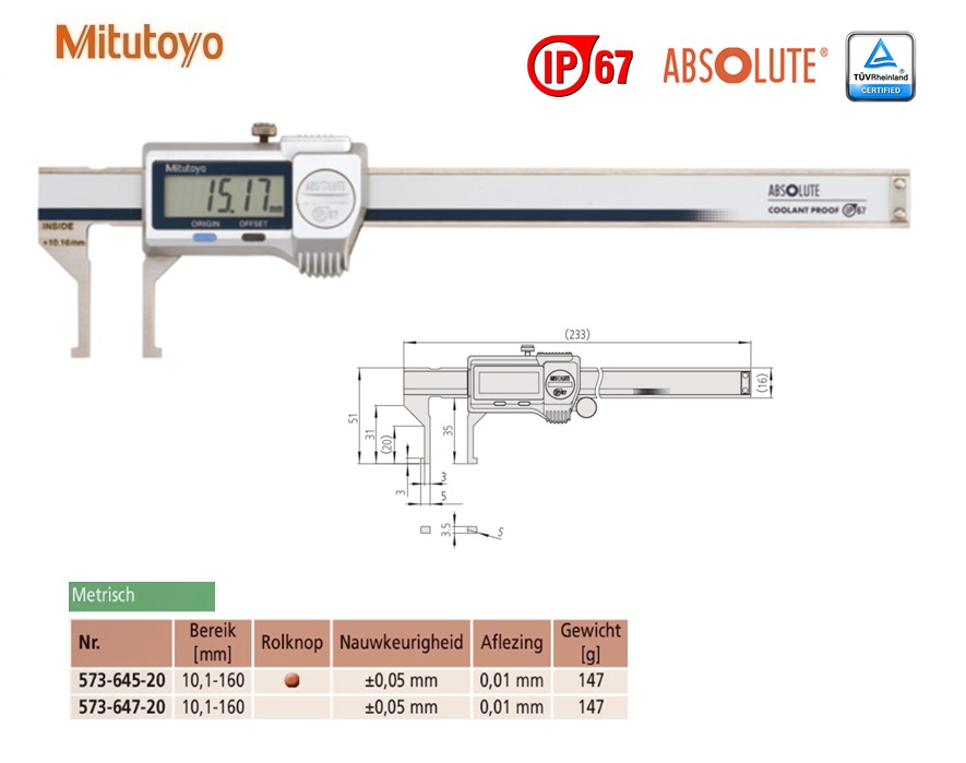 Mitutoyo Absolute Digimatic binnenschuifmaat 10,1-160mm, 0,01mm, Metrisch