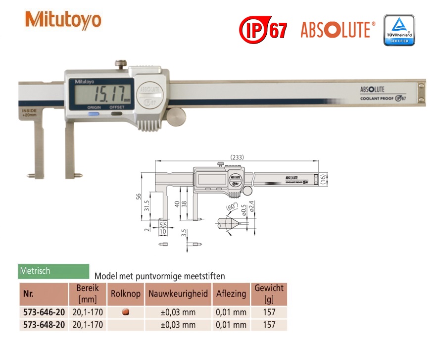 Mitutoyo Absolute Digimatic binnenschuifmaat, rolknop 20,1-170mm, 0,01mm, Metrisch