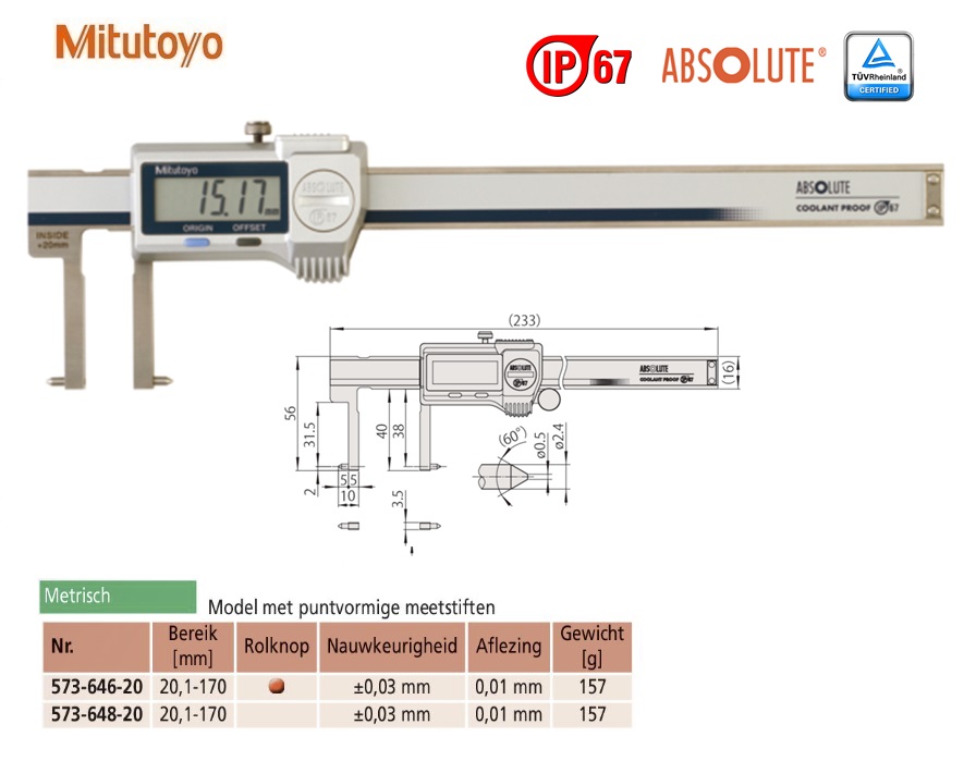 Mitutoyo Absolute Digimatic binnenschuifmaat 20,1-170mm, 0,01mm, Metrisch