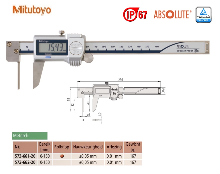 Mitutoyo Digitale Schuifmaat voor wanddiktemeting, rolknop 0-150mm, 0,01mm, Metrisch