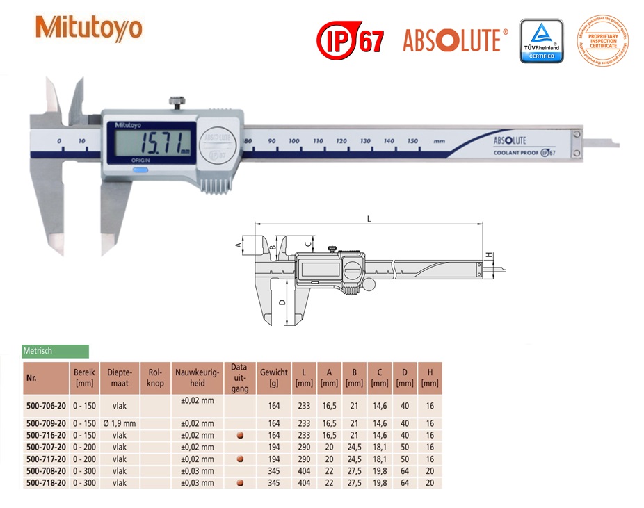 Mitutoyo Absolute Digimatic schuifmaat, IP67 0-150mm, zonder Data Output, 0,01mm, Metrisch