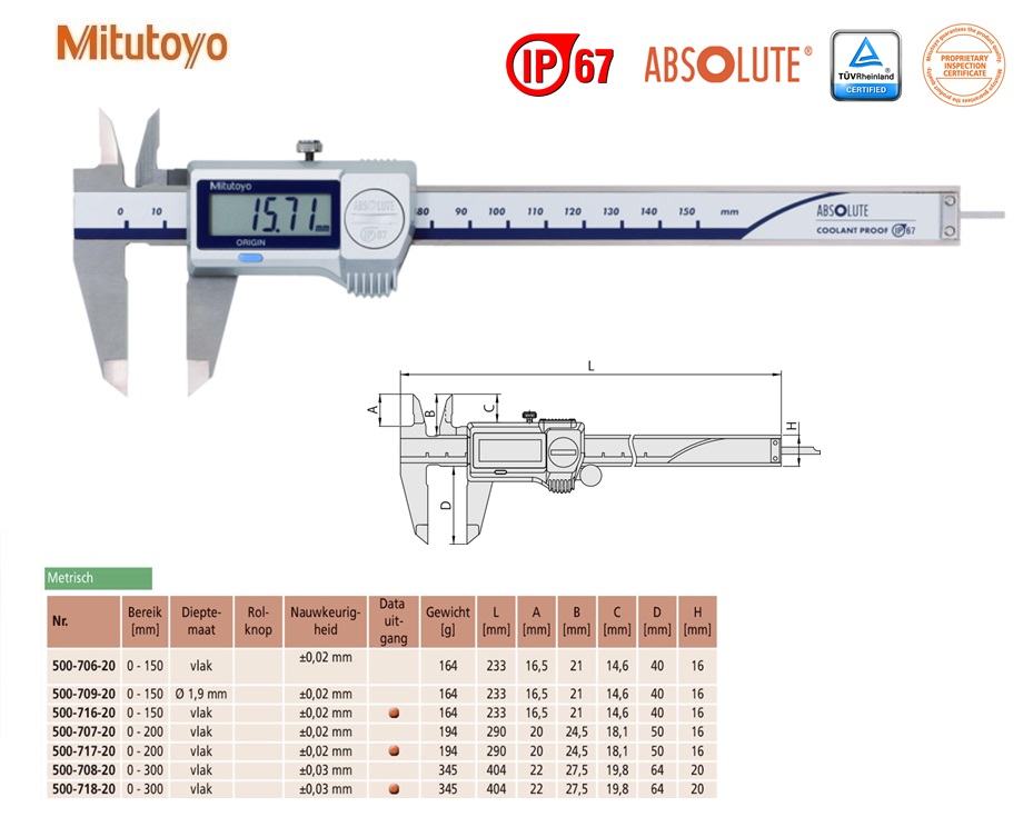 Mitutoyo Absolute Digimatic schuifmaat, IP67, 0-150mm, zonder Data Output, 0,01mm, Metrisch