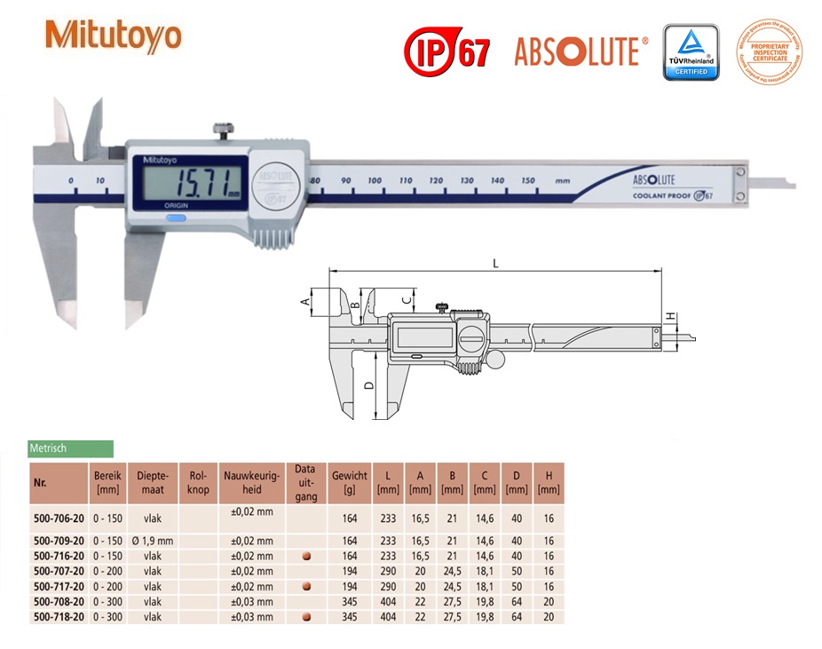 Mitutoyo Absolute Digimatic schuifmaat, IP67 0-150mm, 0,01mm, Metrisch