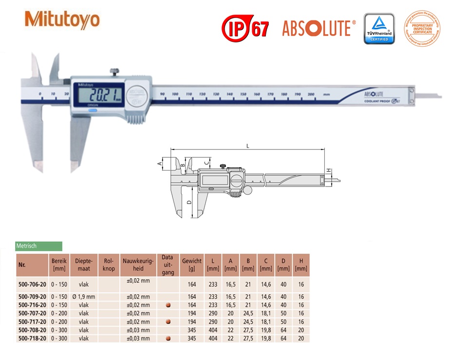 Mitutoyo Absolute Digimatic schuifmaat, IP67 0-200mm, zonder Data Output, 0,01mm, Metrisch