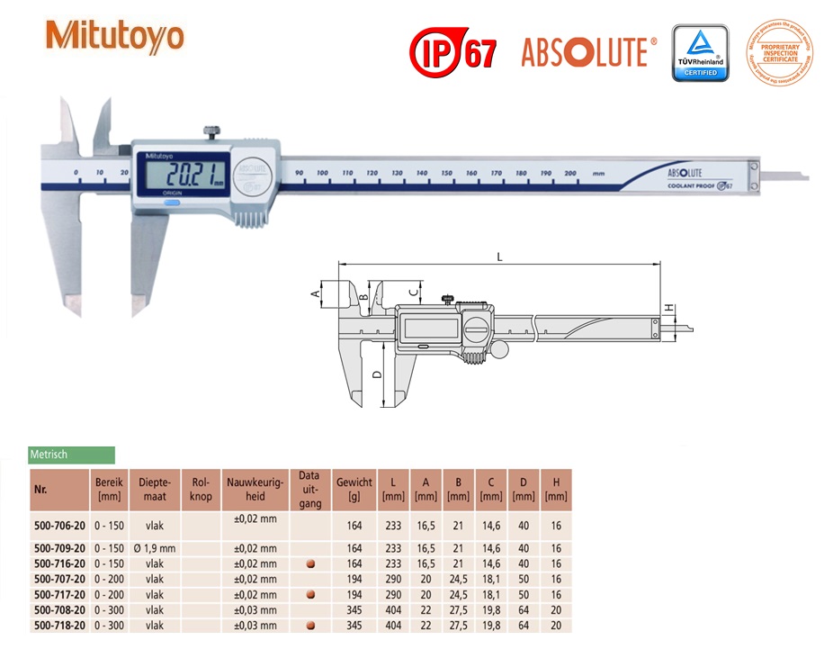 Mitutoyo Absolute Digimatic schuifmaat, IP67 0-200mm, 0,01mm, Metrisch