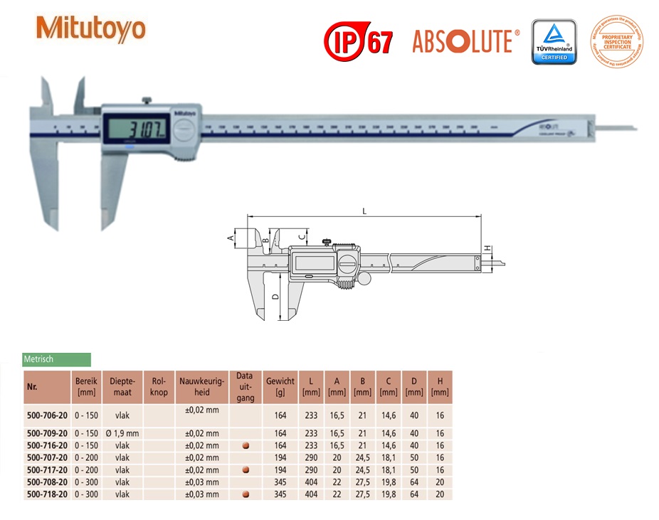 Mitutoyo Absolute Digimatic schuifmaat, IP67 0-300mm, zonder Data Output, 0,01mm, Metrisch