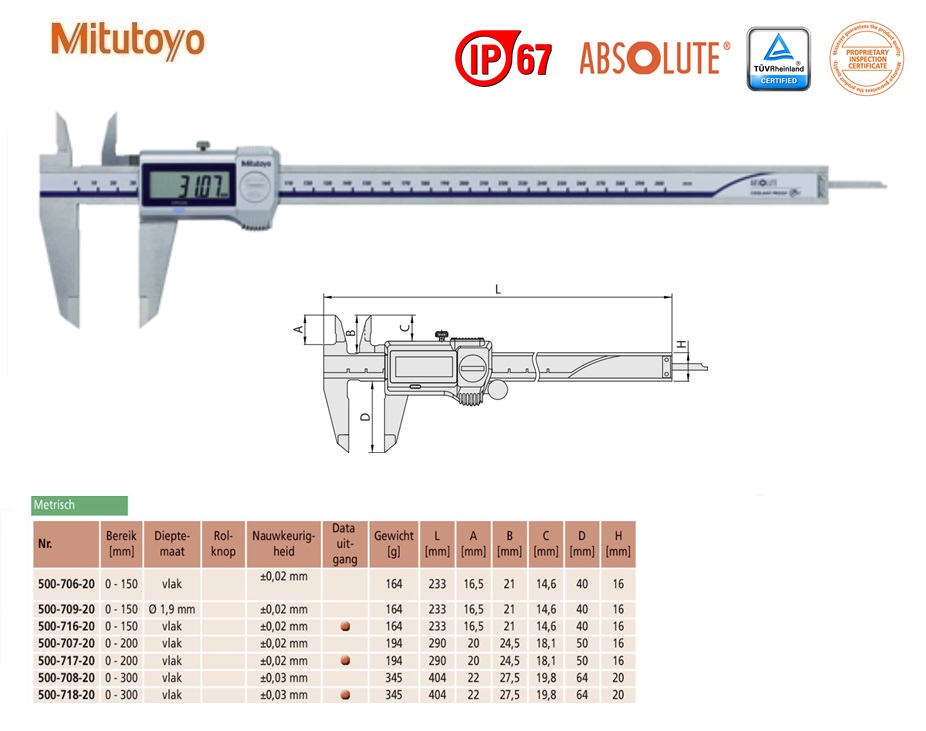 Mitutoyo Absolute Digimatic schuifmaat, IP67 0-300mm, 0,01mm, Metrisch