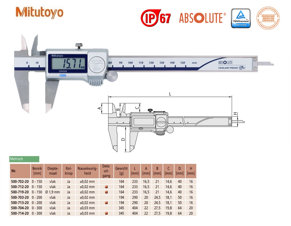 Mitutoyo Absolute Digimatic schuifmaat met rolknop, zonder Output, IP67 0-150mm, Metrisch