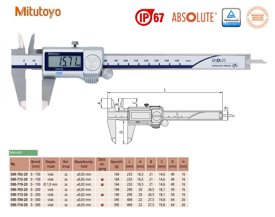 Mitutoyo Absolute Digimatic schuifmaat met rolknop, IP67 0-150mm, Metrisch