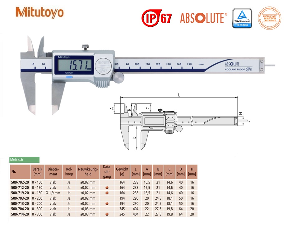 Mitutoyo Absolute Digimatic schuifmaat met rolknop, IP67 0-150mm, Metrisch