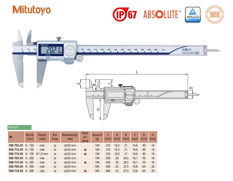 Mitutoyo Absolute Digimatic schuifmaat met rolknop, IP67 0-200mm, Metrisch