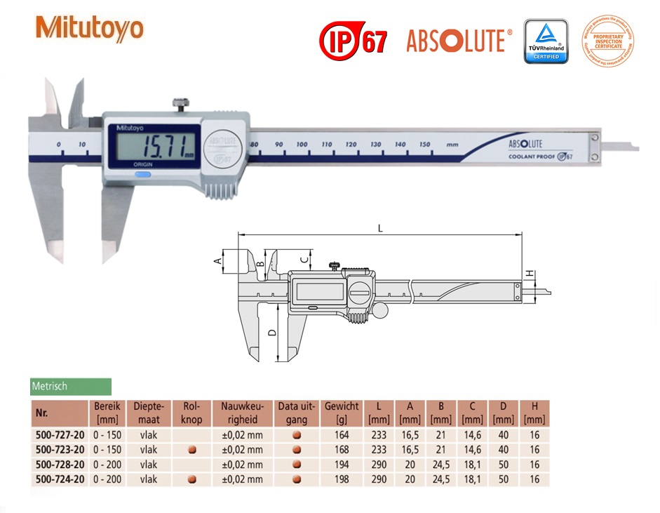 Mitutoyo Absolute Digimatic schuifmaat met hardmetalen meetbekken, 0-150mm, Metrisch